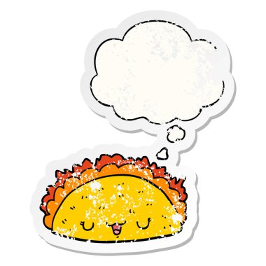 karikatür taco ve sıkıntılı yıpranmış etiket olarak kabarcık düşünce