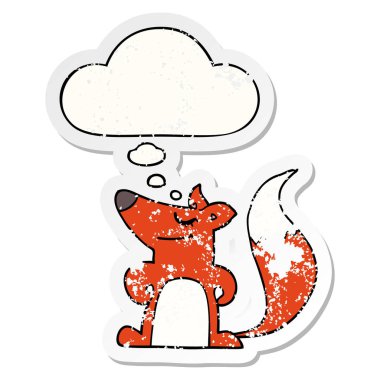 karikatür tilki ve sıkıntılı yıpranmış etiket olarak kabarcık düşünce