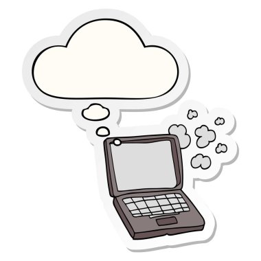 karikatür dizüstü bilgisayar ve baskılı bir etiket olarak kabarcık düşünce