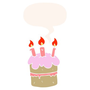 retro tarzında karikatür doğum günü pastası ve konuşma balonu