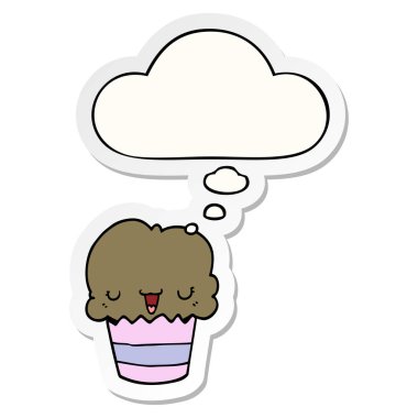 baskılı bir sticke olarak yüz ve düşünce balonu ile karikatür cupcake