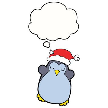 sevimli noel penguen ve düşünce balonu