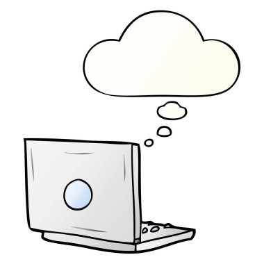 karikatür dizüstü bilgisayar ve pürüzsüz degrade st düşünce balonu