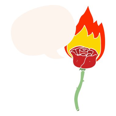 retro tarzında karikatür yanan gül ve konuşma balonu