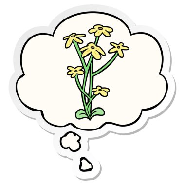 karikatür çiçek ve baskılı bir etiket olarak kabarcık düşünce