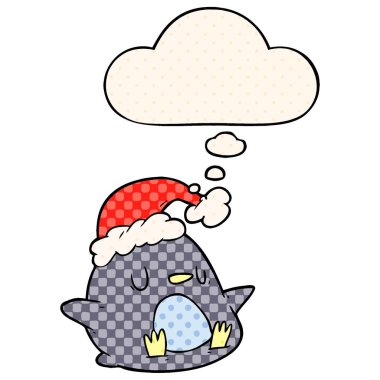 sevimli karikatür penguen ve çizgi roman tarzında kabarcık düşünce