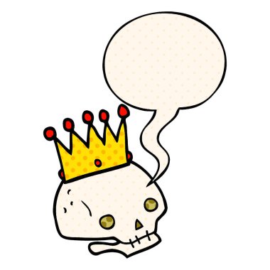 çizgi film kafatası ve çizgi roman tarzında taç ve konuşma balonu