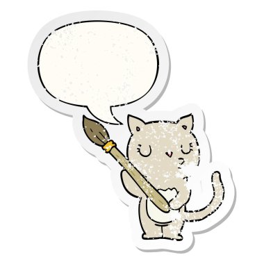 sevimli karikatür kedi ve konuşma balonu sıkıntılı etiket