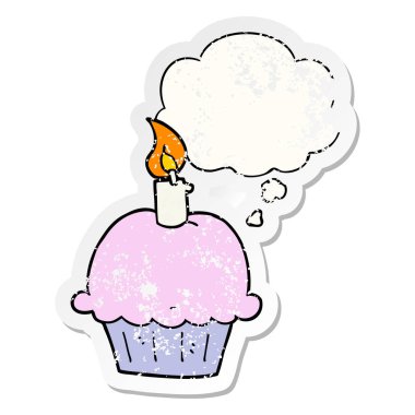 karikatür doğum günü cupcake ve sıkıntılı yıpranmış olarak kabarcık düşünce
