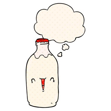 sevimli karikatür süt şişesi ve çizgi roman tarzında kabarcık düşünce