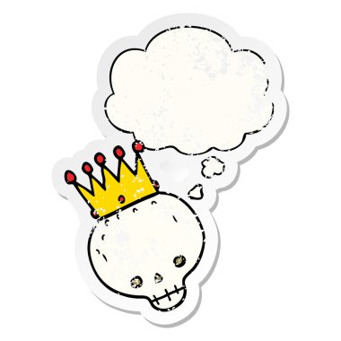 sıkıntılı yıpranmış olarak taç ve düşünce balonu ile karikatür kafatası