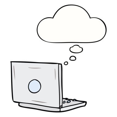 karikatür dizüstü bilgisayar ve düşünce balonu