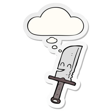 karikatür bıçak ve baskılı bir etiket olarak kabarcık düşünce