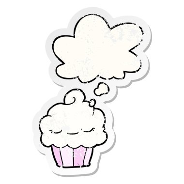 karikatür cupcake ve sıkıntılı yıpranmış etiket olarak kabarcık düşünce