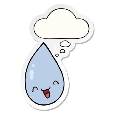 karikatür yağmur damlası ve baskılı bir etiket olarak kabarcık düşünce