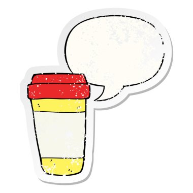 karikatür kahve fincanı ve konuşma balonu sıkıntılı etiket