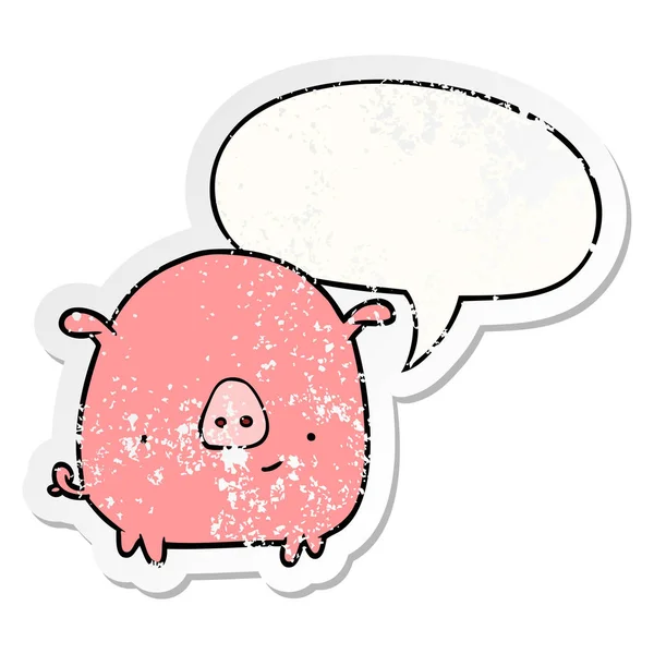 Dessin animé cochon heureux et bulle de la parole autocollant affligé — Image vectorielle