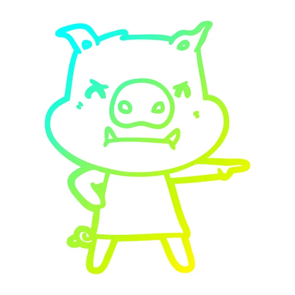 Ligne de dégradé froid dessin cochon dessin animé en colère dans la robe pointant — Image vectorielle