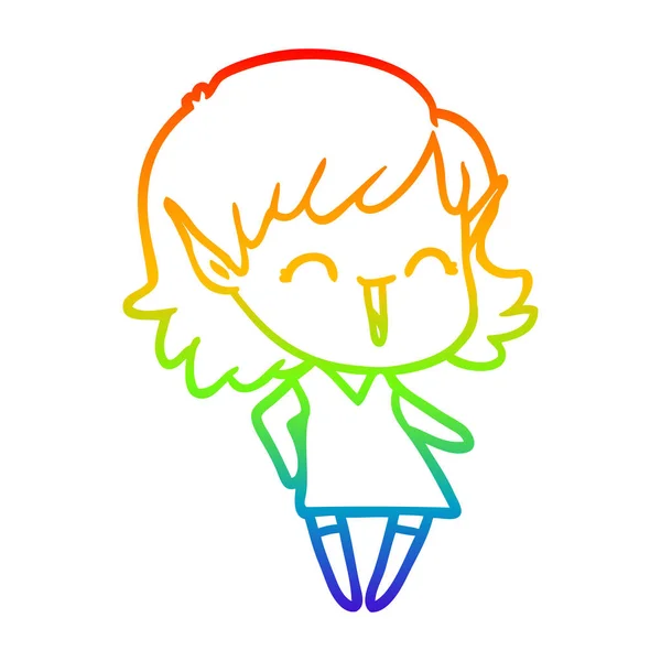 Arco iris gradiente línea dibujo dibujos animados elfo chica — Vector de stock