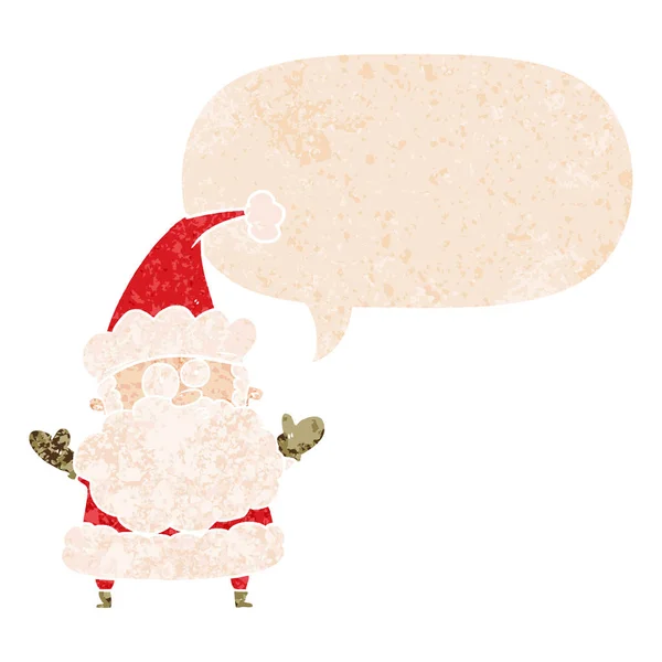 Dessin animé confus Père Noël claus et bulle de parole dans rétro texturé — Image vectorielle
