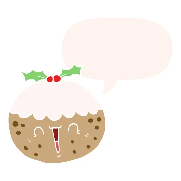Cute cartoon christmas pudding and speech bubble in retro style — Stock Vector