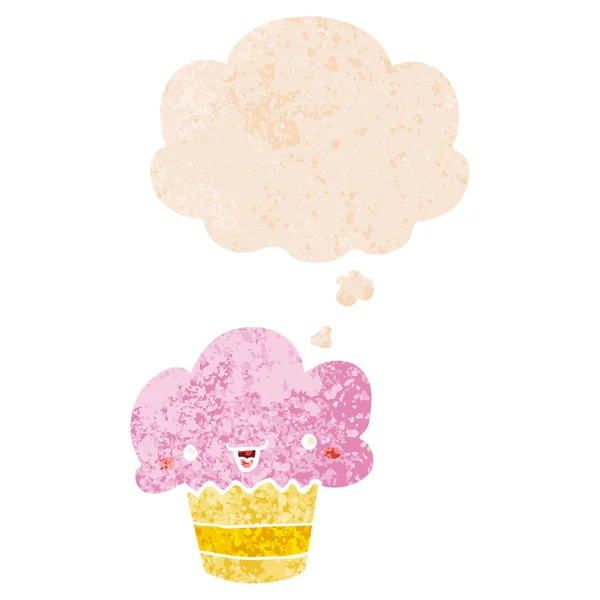 Cupcake dessin animé avec visage et bulle de pensée en s texturé rétro — Image vectorielle