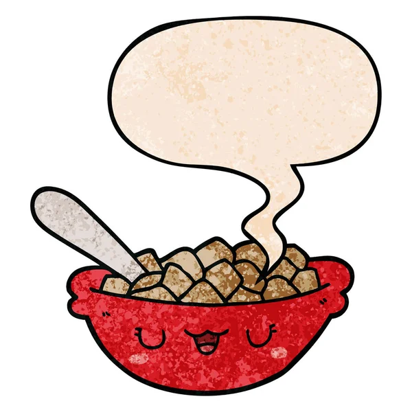 Niedliche Cartoon-Schale mit Müsli und Sprechblase in Retro-Textur — Stockvektor