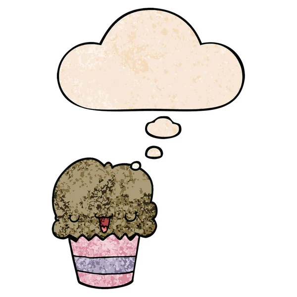 Cartoon Cupcake z twarzą i myśli bańki w grunge tekstury; p — Wektor stockowy