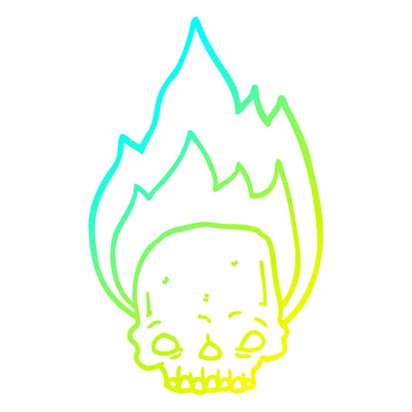 Cold gradient line drawing spooky cartoon flaming skull — Stock Vector