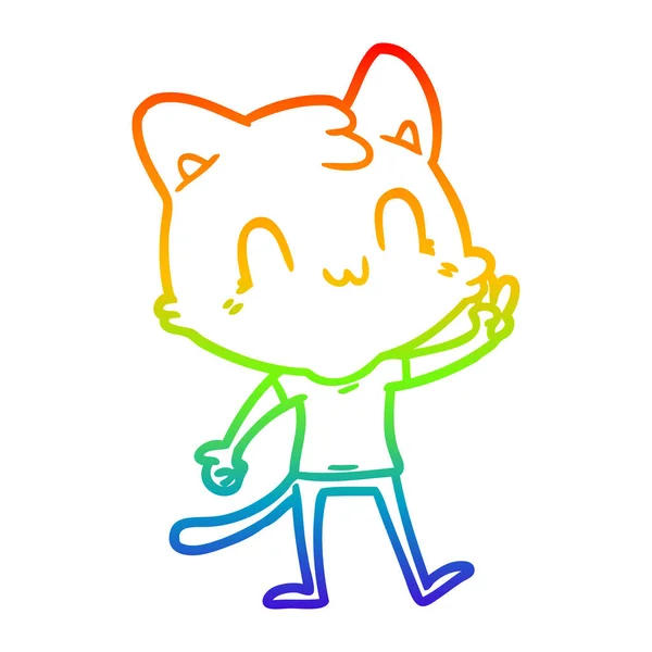 Arco iris gradiente línea dibujo dibujos animados feliz gato dando paz sig — Archivo Imágenes Vectoriales