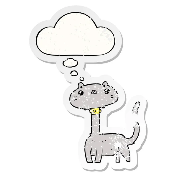 Мультяшный кот и мыслепузырь, как изношенный стикер — стоковый вектор