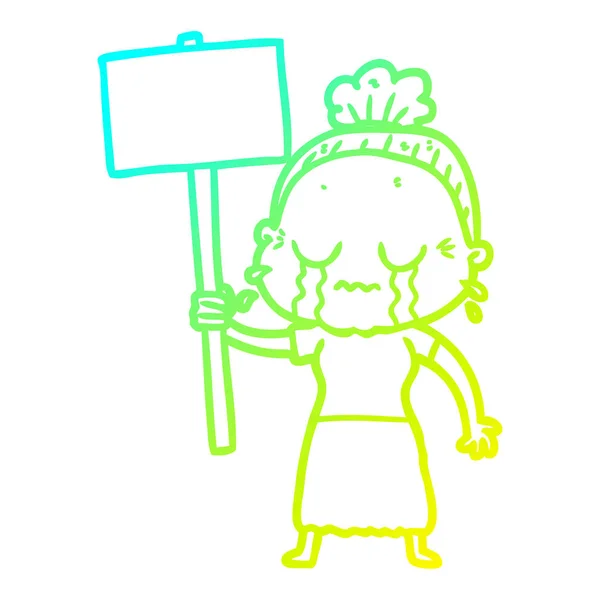 Linea gradiente freddo disegno cartone animato vecchia donna piangendo mentre protes — Vettoriale Stock