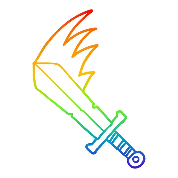 Rainbow gradient ligne dessin dessin dessin animé balançant épée — Image vectorielle