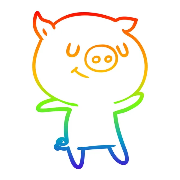 Rainbow gradient ligne dessin heureux dessin animé cochon — Image vectorielle