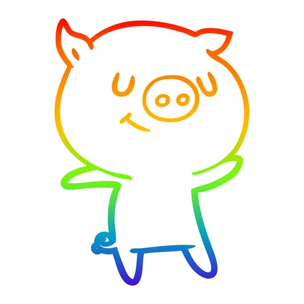 Regenbogen-Gradientenlinie zeichnet glückliches Cartoon-Schwein — Stockvektor