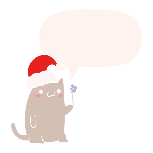 Lindo dibujos animados Navidad gato y el habla burbuja en estilo retro — Vector de stock