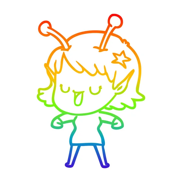 Arco-íris linha gradiente desenho feliz alienígena menina desenhos animados —  Vetores de Stock