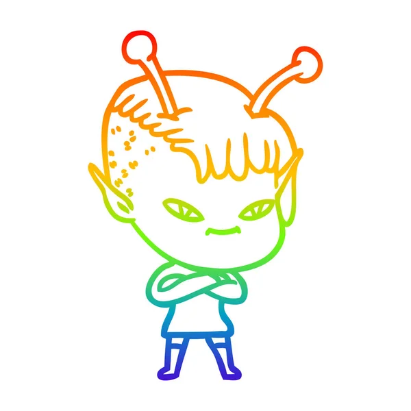 Rainbow gradient linje ritning söt tecknad Alien Girl — Stock vektor