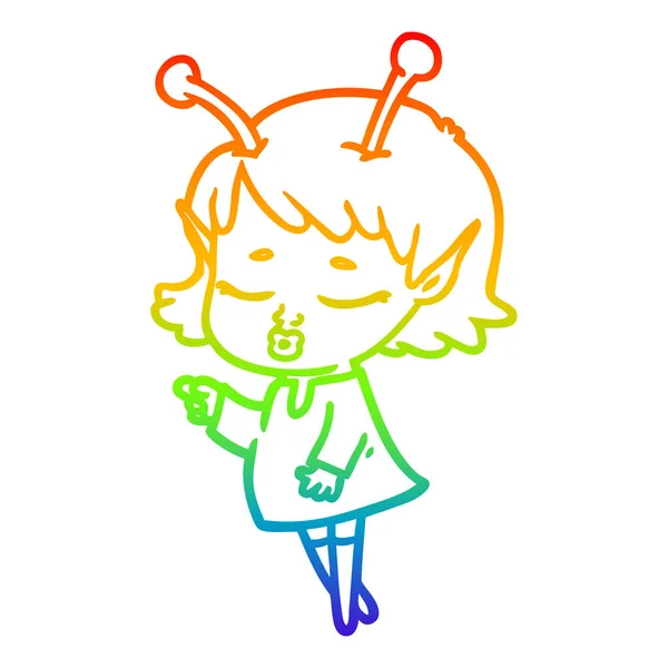 Rainbow gradient ligne dessin mignon alien fille dessin animé — Image vectorielle