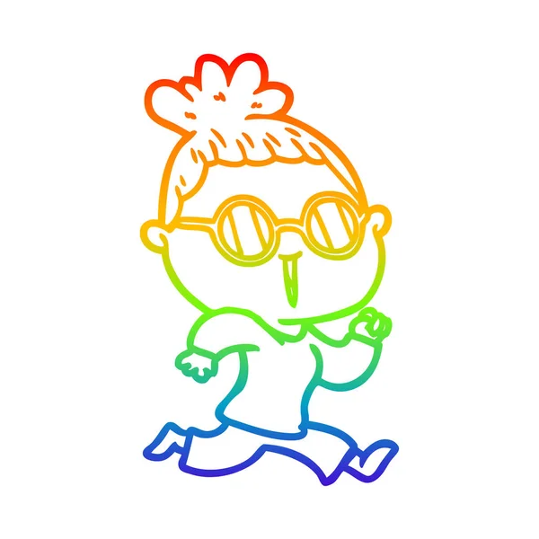 Rainbow gradient ligne dessin dessin dessin animé courir femme portant spec — Image vectorielle