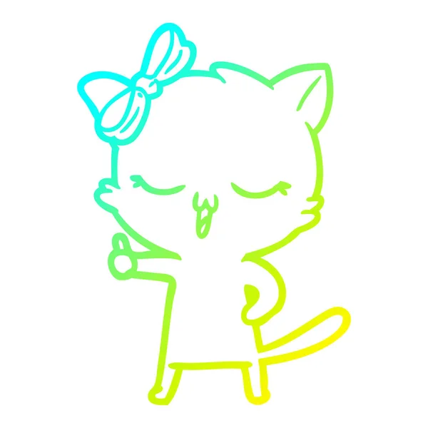 Línea de gradiente frío dibujo gato de dibujos animados con arco en la cabeza — Vector de stock