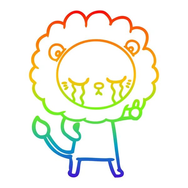 Rainbow gradient line drawing crying cartoon lion — Stock Vector