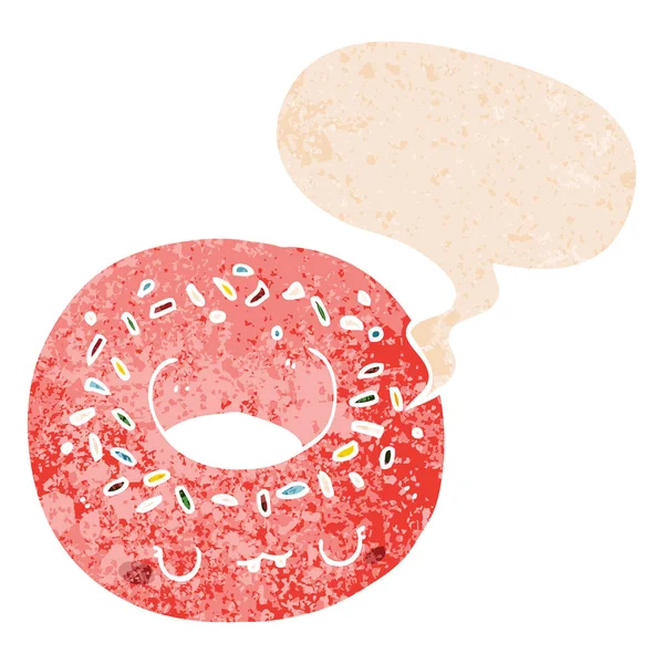 Donut de desenhos animados e bolha de fala em estilo retro texturizado — Vetor de Stock