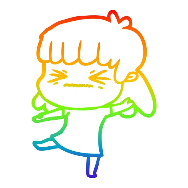 Arco iris gradiente línea dibujo dibujos animados enojado chica — Vector de stock