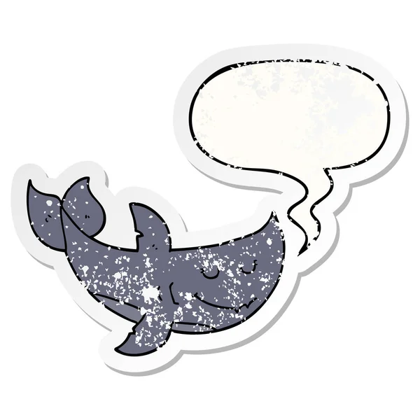 Cartoon shark and speech bubble distressed sticker — Stock Vector