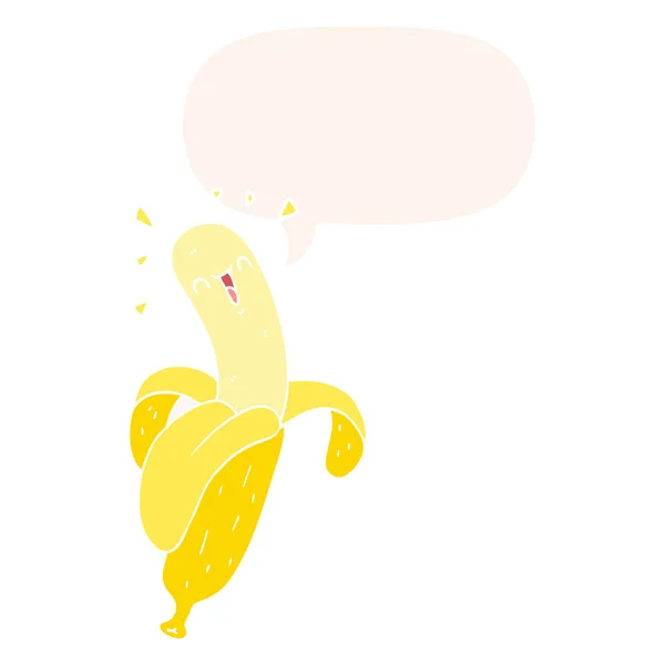 Banana dos desenhos animados e bolha de fala em estilo retro — Vetor de Stock