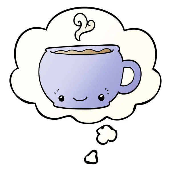 Мультяшная горячая чашка кофе и мыслепузырь в гладком градиенте — стоковый вектор