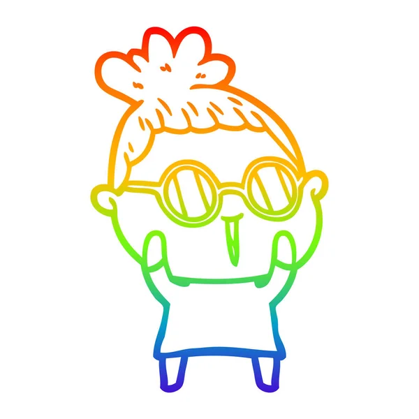 Arco iris gradiente línea dibujo dibujos animados mujer usando gafas — Vector de stock