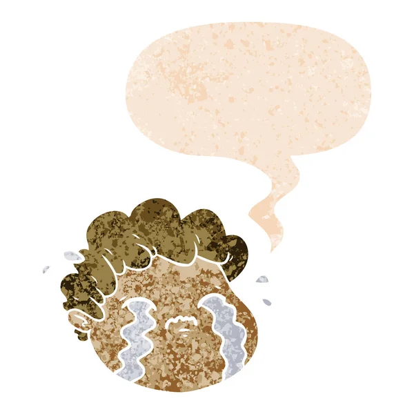 Dessin animé pleurant garçon et bulle de parole dans un style texturé rétro — Image vectorielle