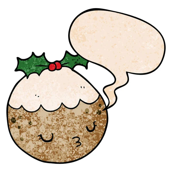 Mignon dessin animé pudding de Noël et bulle de la parole dans le textur rétro — Image vectorielle